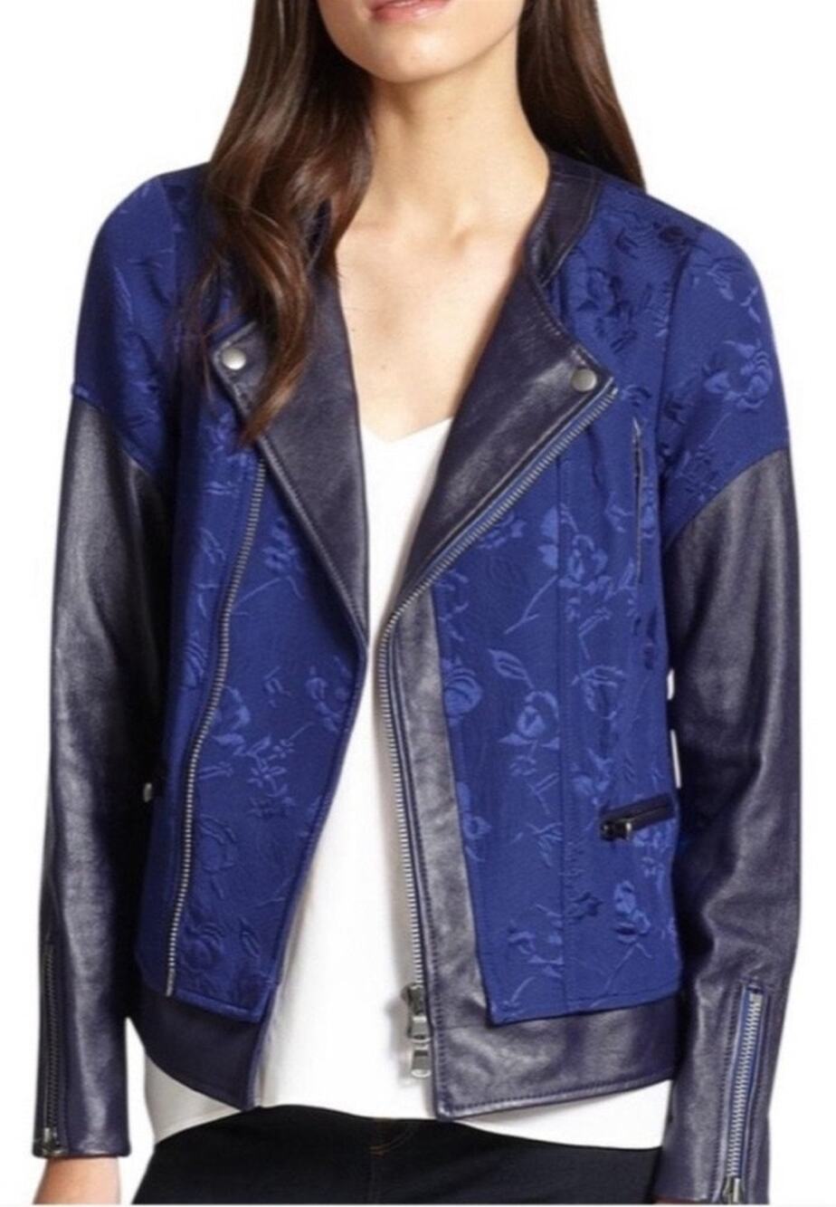 Rebecca Taylor 6 Blue Floral Jacquard Lamb Leather Moto Biker Jacket Indie Rock